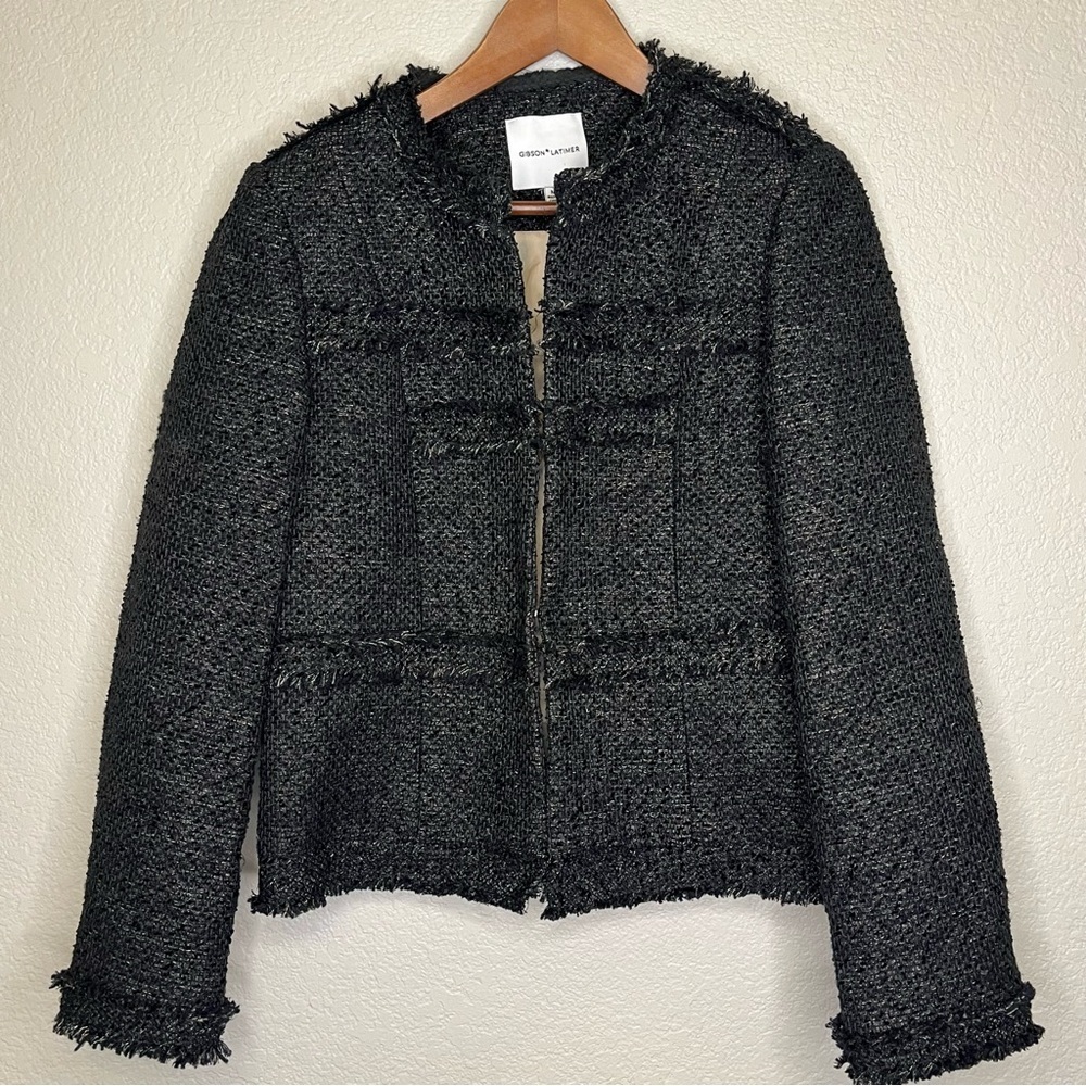 Gibson Latimer Black and Tan Tweed Jacket With Frayed Trim Women's Medium
